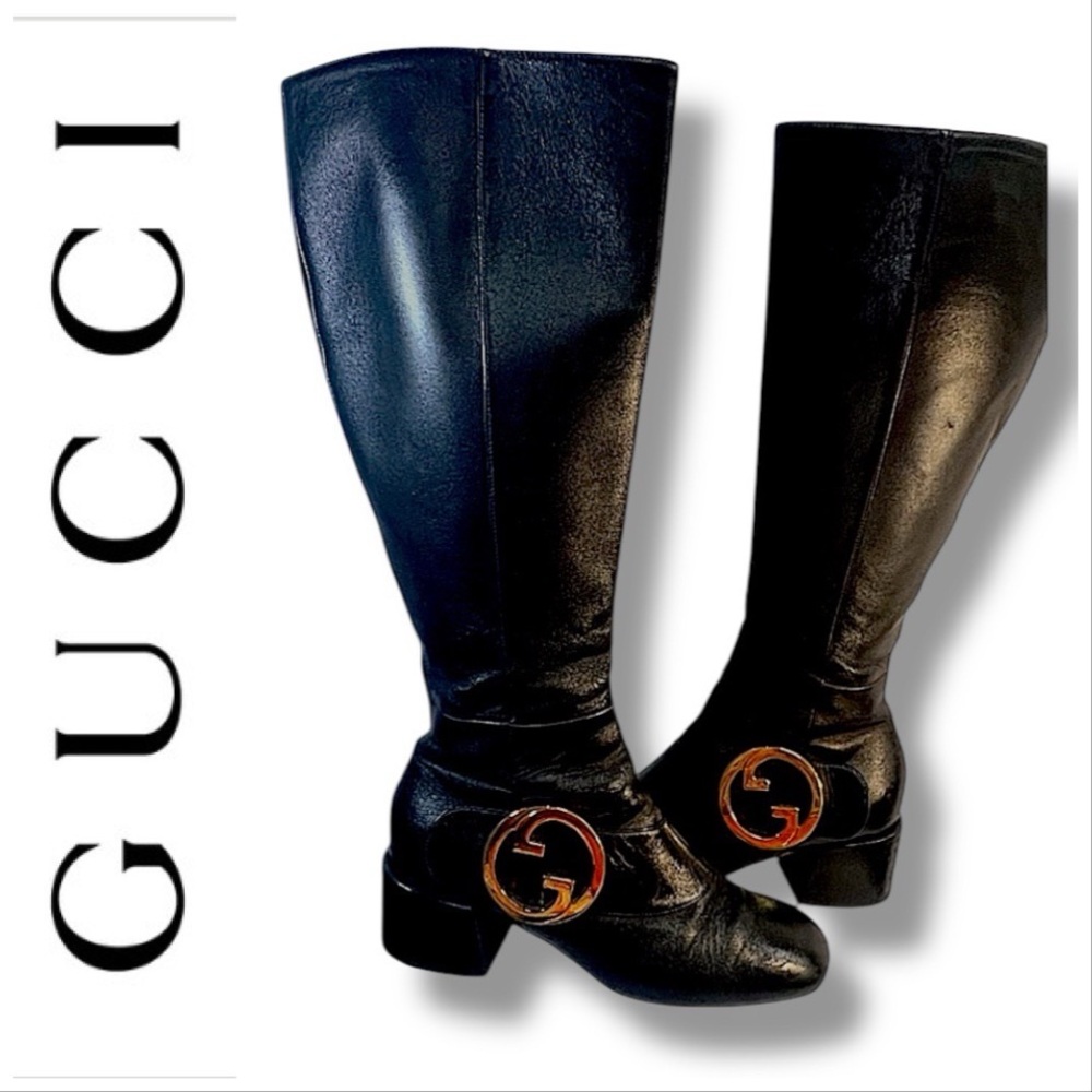 GUCCI AUTH Black Leather knee high Boots with Gold tone Signature Logo SZ 37/7.5